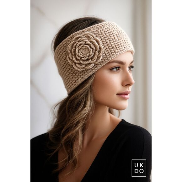 J. Crew Accessories - J.Crew Wool Acrylic Knit Headband Beige Flower Detail Ear Warmer One Size